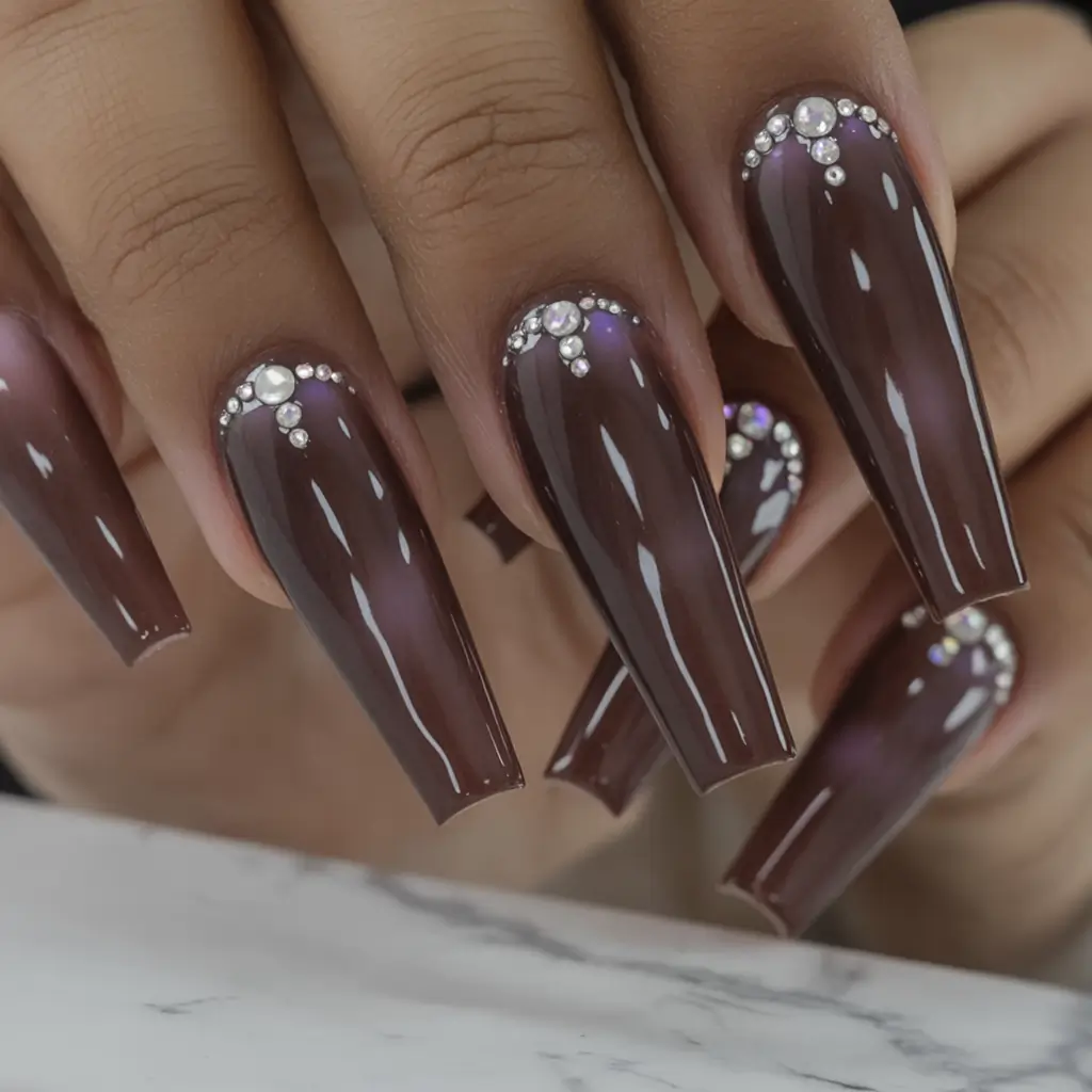 Fall Nail Colors for Brown Skin 2025 – Top Picks Glossy Cocoa with Crystal Accents
