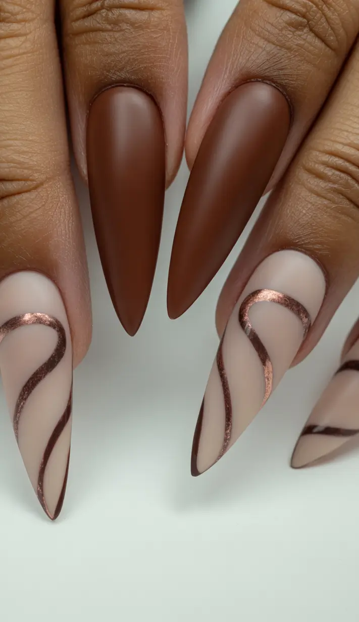 Fall Nail Colors for Brown Skin 2025 – Top Picks Matte Mocha with Artistic Swirls