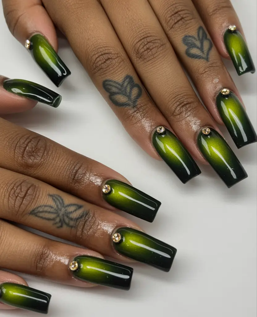 Fall Nail Colors for Brown Skin 2025 – Top Picks Emerald Cat-Eye with Gem Accents