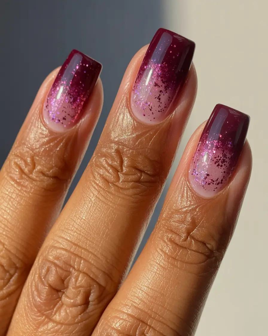 Fall Nail Colors for Brown Skin 2025 – Top Picks Berry Ombre with Glitter Fade