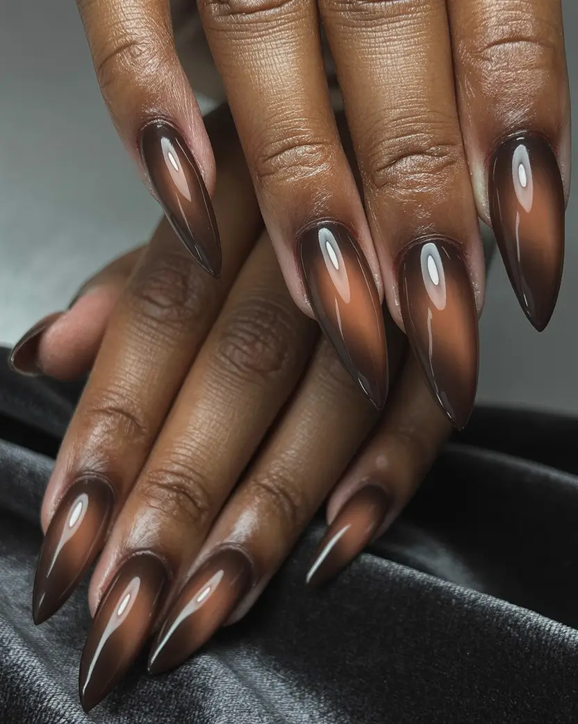 Fall Nail Colors for Brown Skin 2025 – Top Picks Smoky Mocha Stiletto Gradient
