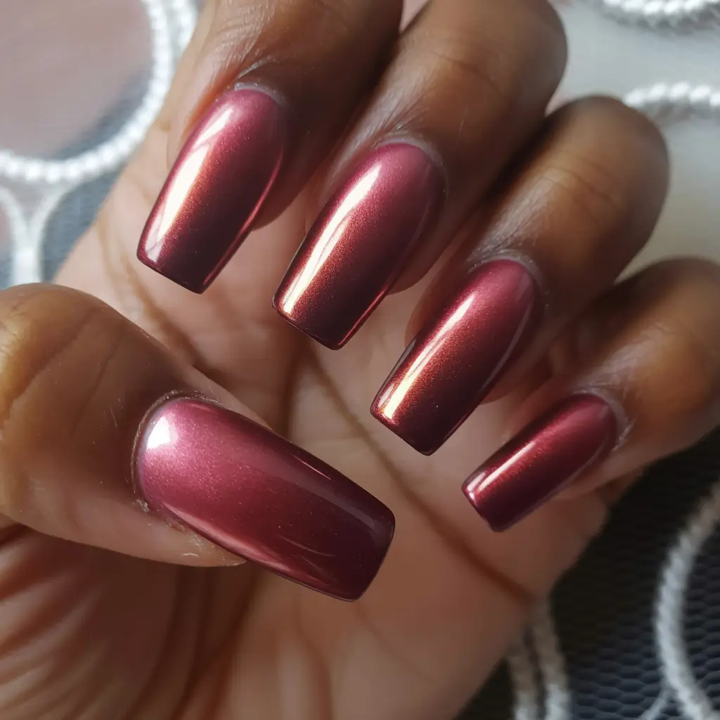 Fall Nail Colors for Brown Skin 2025 – Metallic Burgundy
