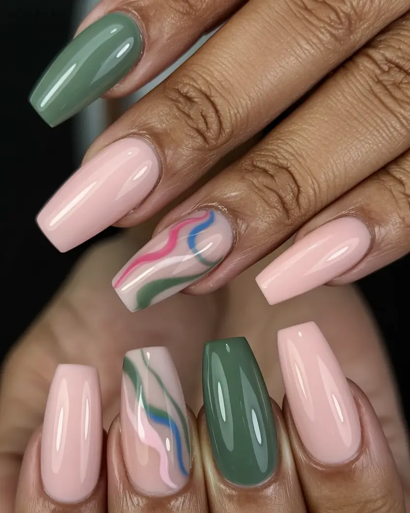 Fall nail colors for dark skin 2025 Muted Green and Pink Swirls