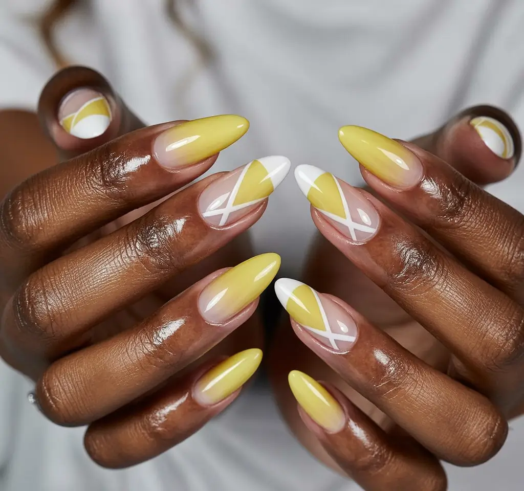 Fall nail colors for dark skin 2025 Soft Yellow and White Crissross