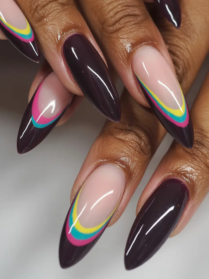 Fall nail colors for dark skin 2025 Berry French with Neon Layers