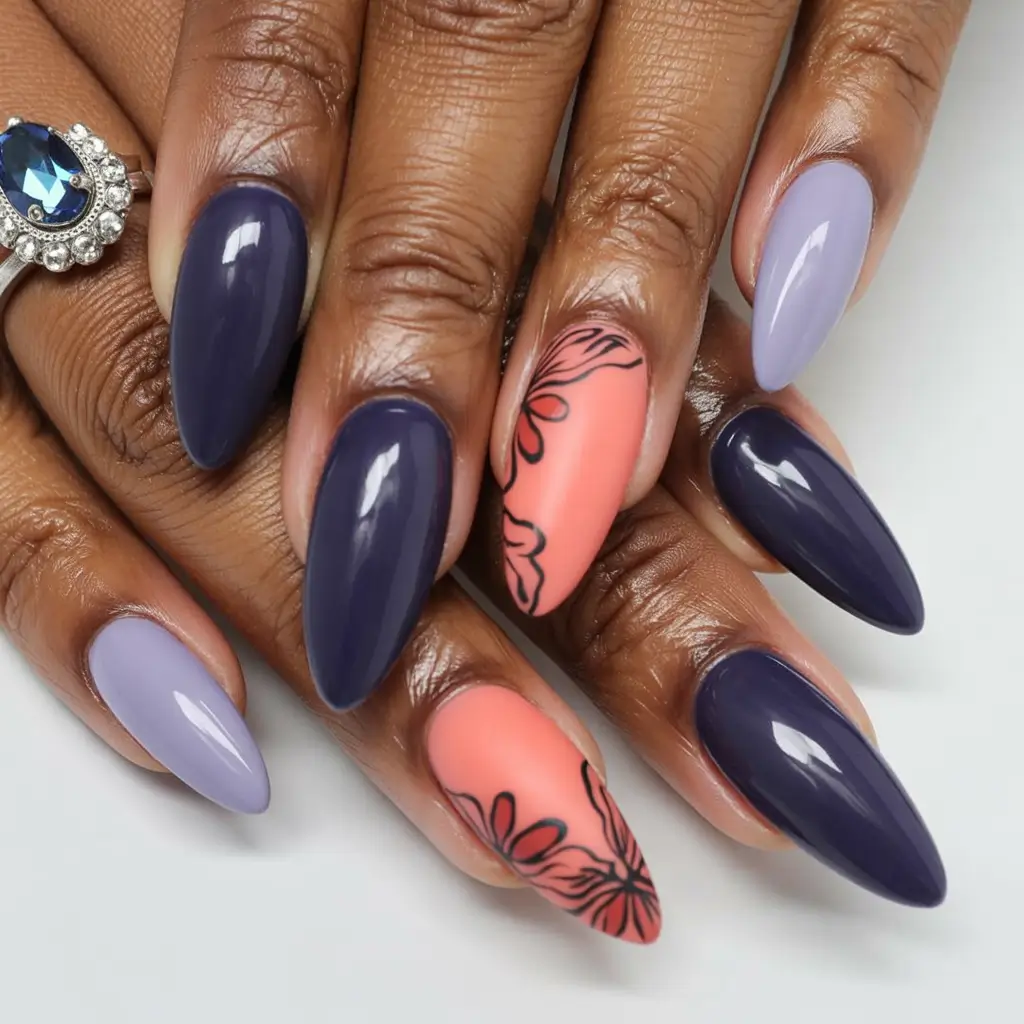 Fall nail colors for dark skin 2025 Muted Mauve Coral Florals