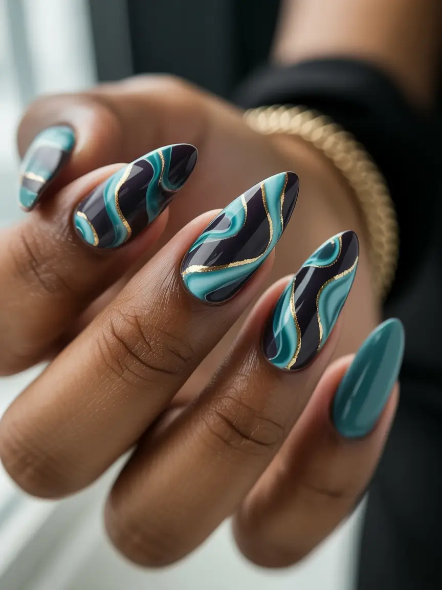 Fall nail colors for dark skin 2025 Teal Marble Elegance