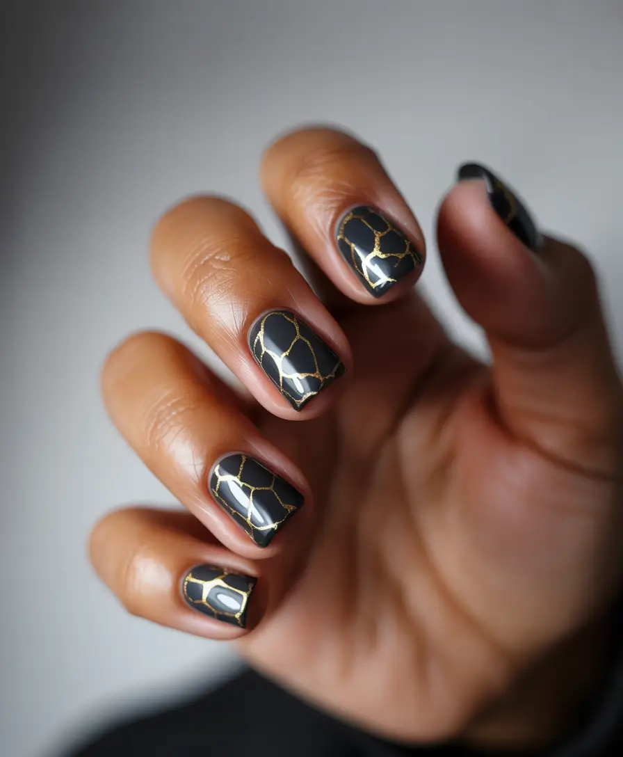 Fall nail colors for dark skin 2025 Black and Gold Crackle Effect