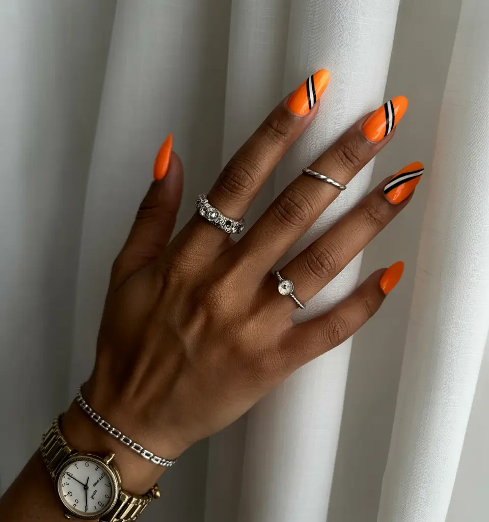 Fall nail colors for dark skin 2025 Orange with Graphic Stripes