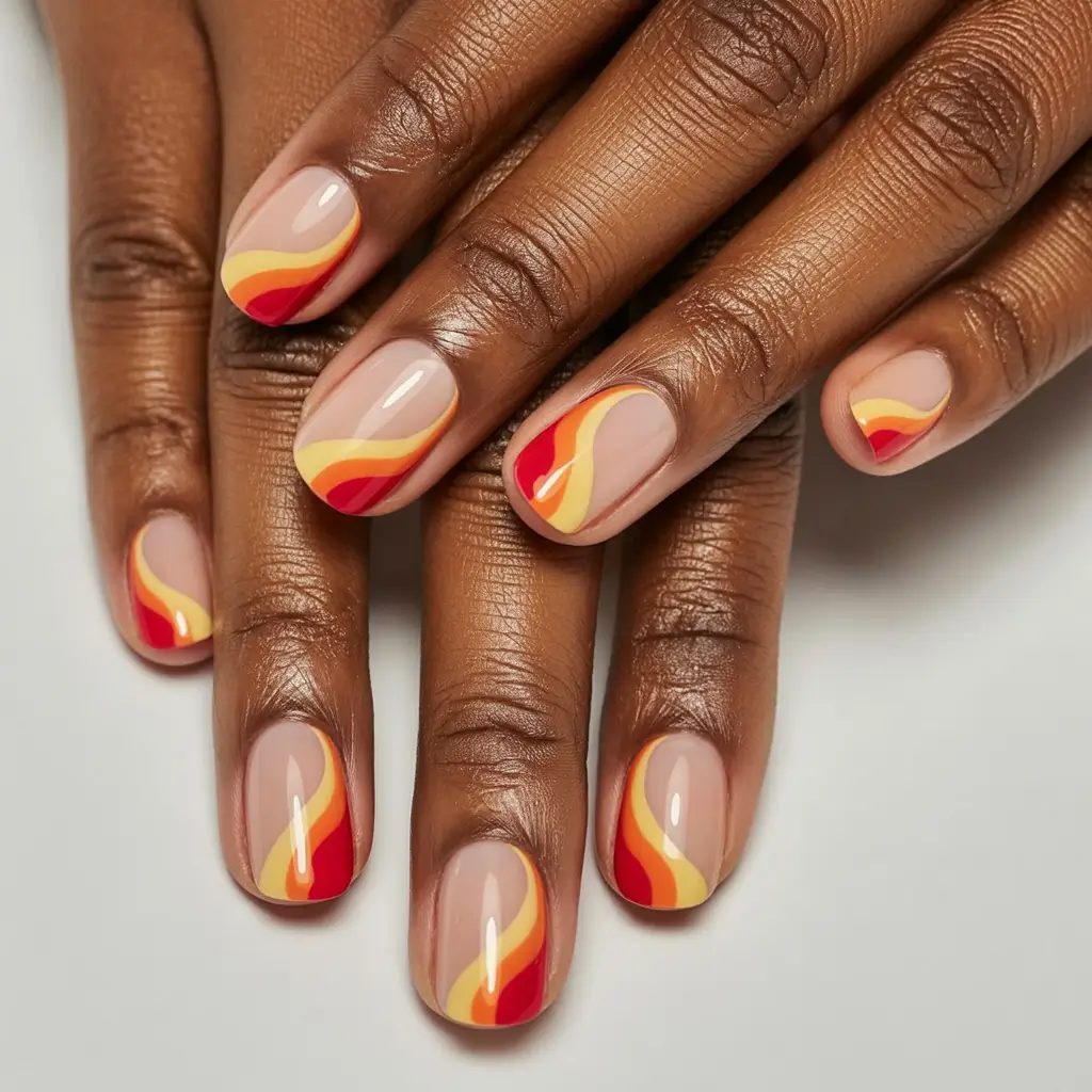Fall nail colors for dark skin 2025 Retro Sunset Waves