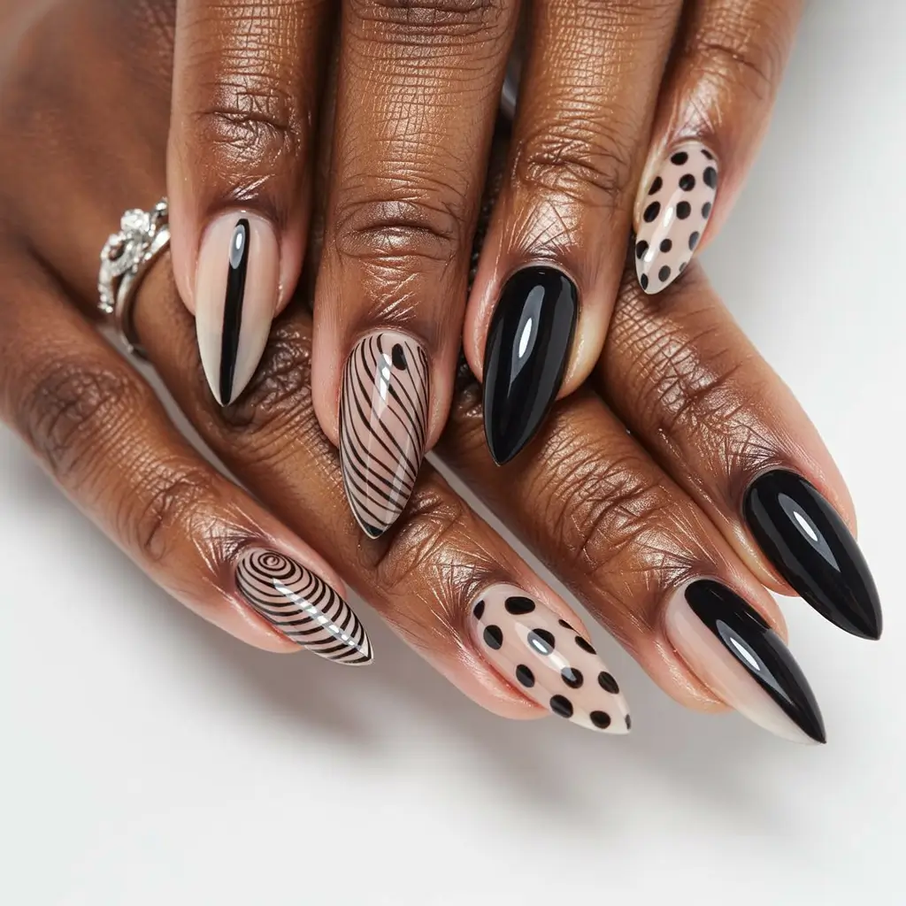 Fall nail colors for dark skin 2025 Graphic Neutrals with Black Accents