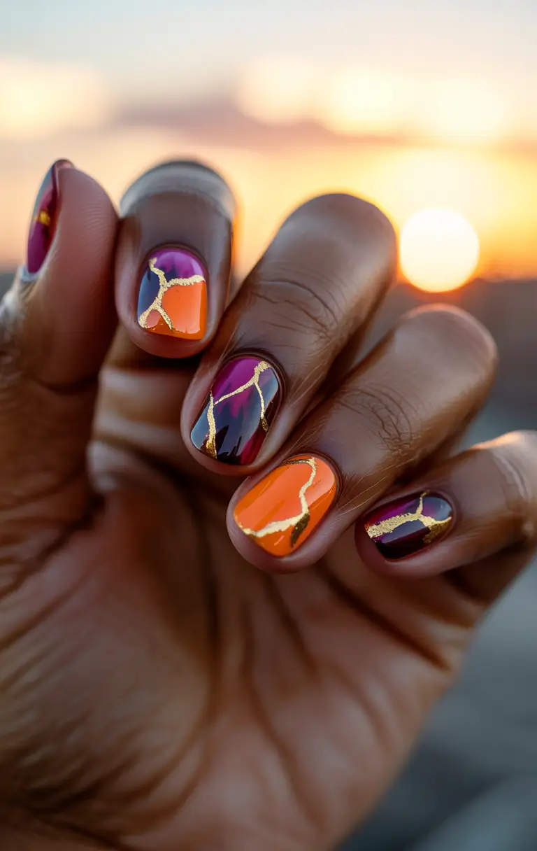 Fall nail colors for dark skin 2025 Autumn Jewel Tones with Gold Veins