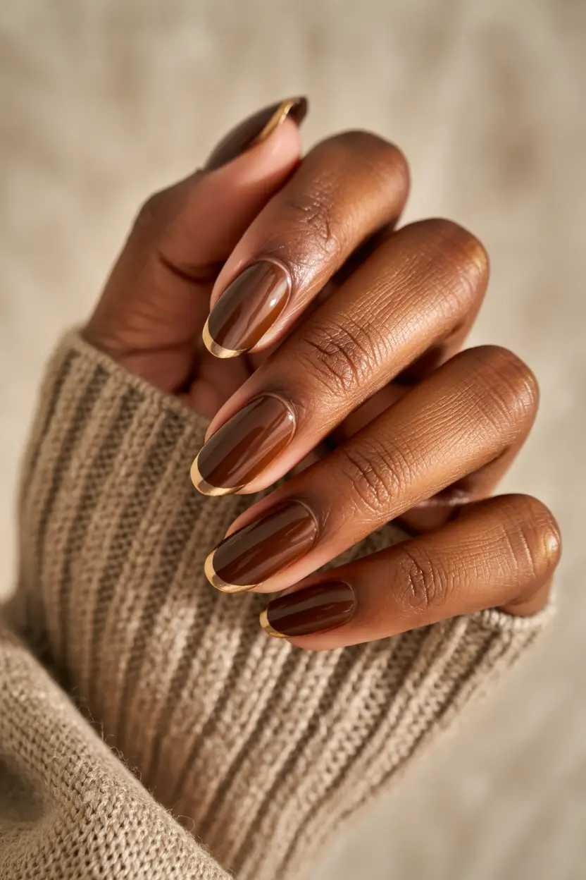 Fall nail colors for dark skin 2025 Brown French with Golden Tips