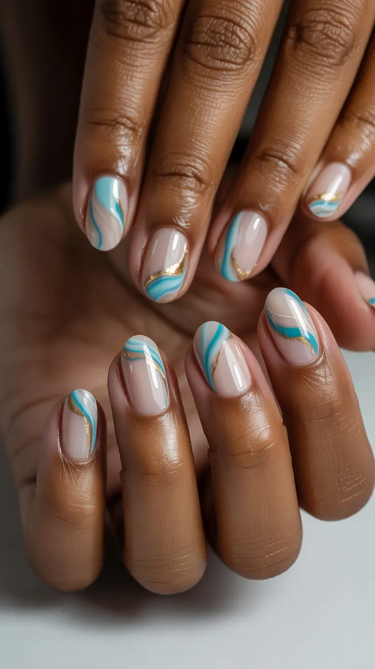 Fall nail colors for dark skin 2025 Blue and Gold Ocean Waves
