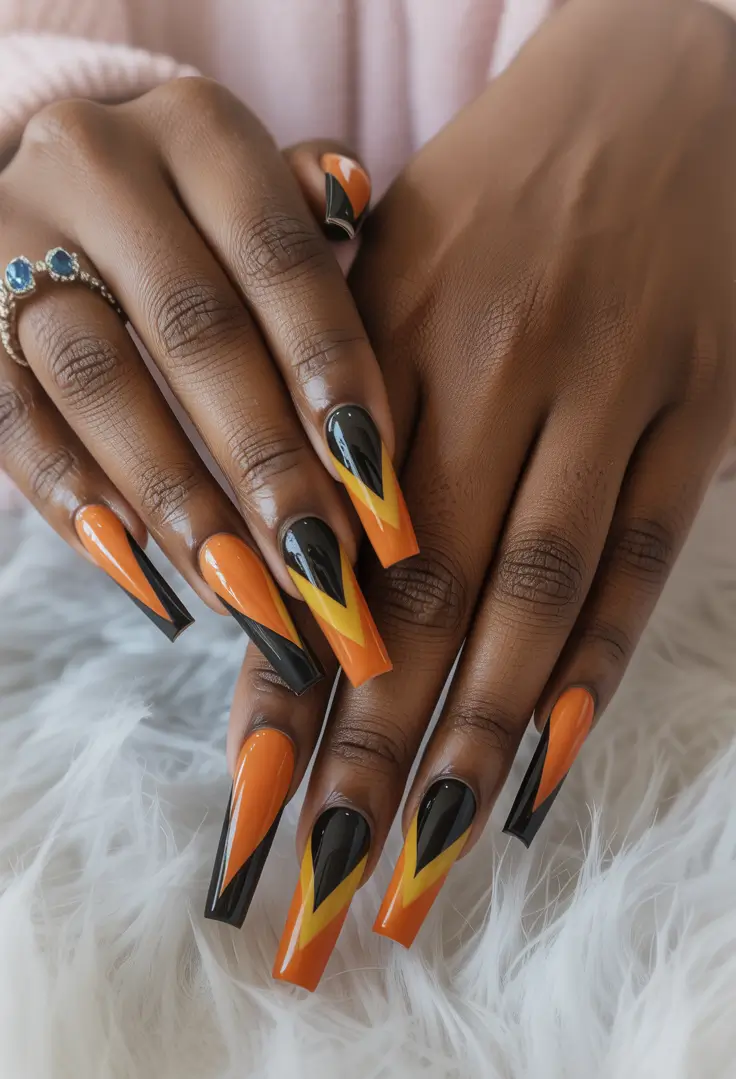 Fall nail colors for dark skin 2025 Sharp Fire Tones with Angular Tips