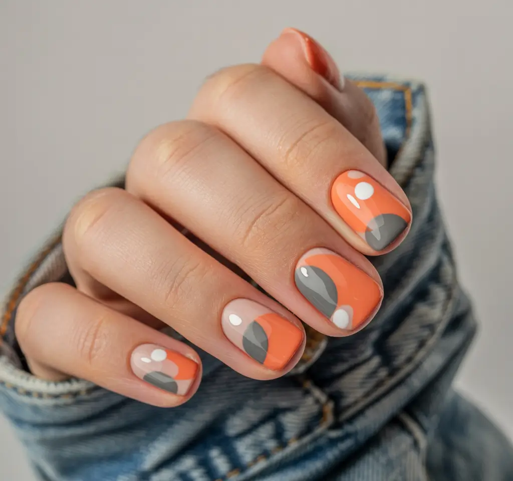 Retro Orange Gray Geometry Fall nail colors for fair skin 2025