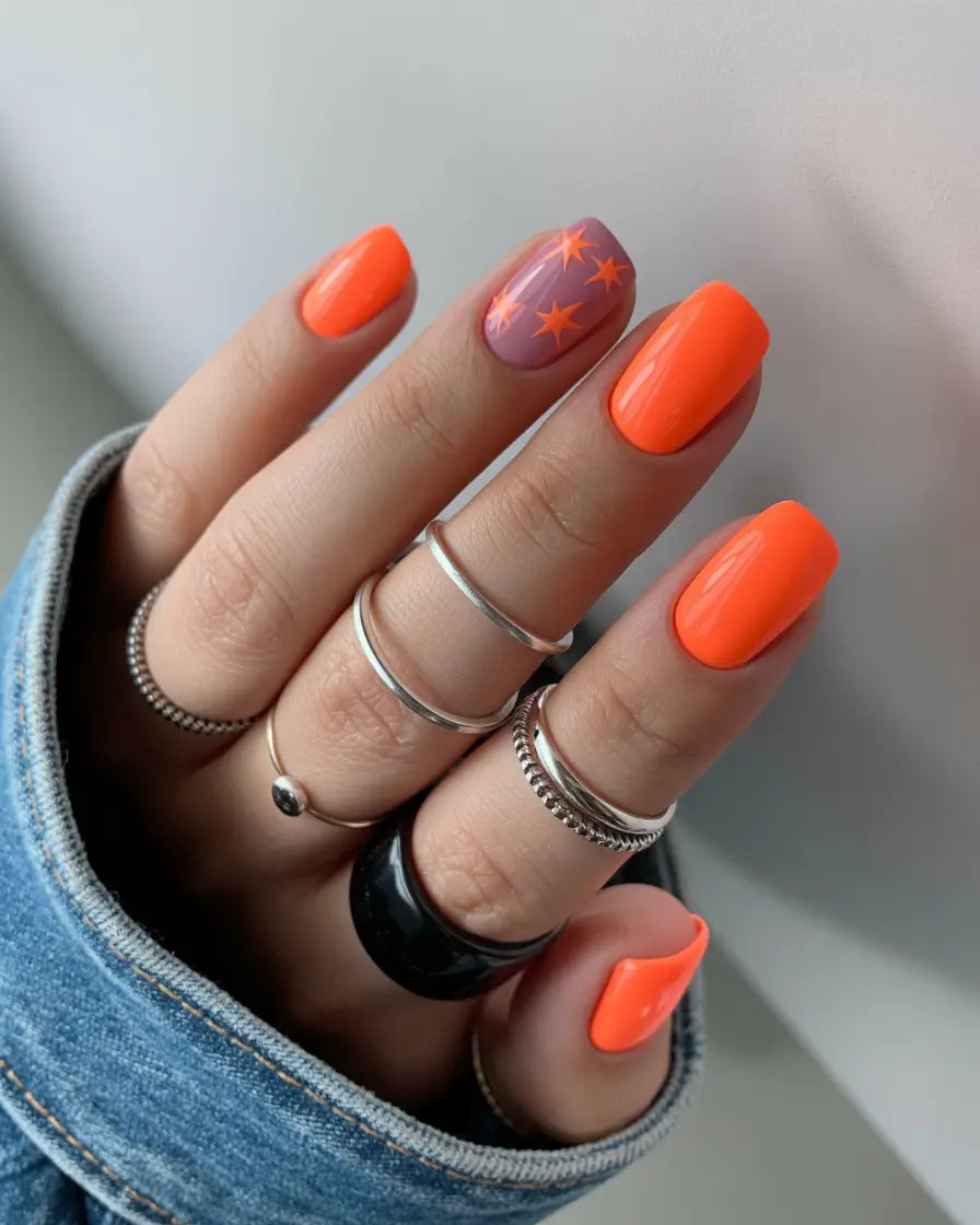 Fall nail colors for fair skin 2025 Neon Orange with Star Accents