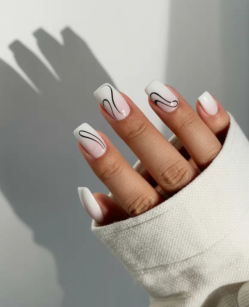 Fall nail colors for fair skin 2025 Minimalist White with Black Waves