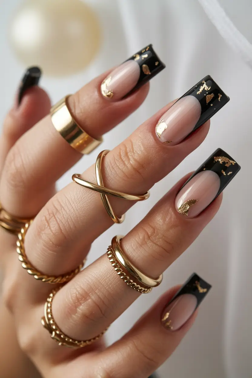Black and Gold Luxe French fall nail designs for fair skin