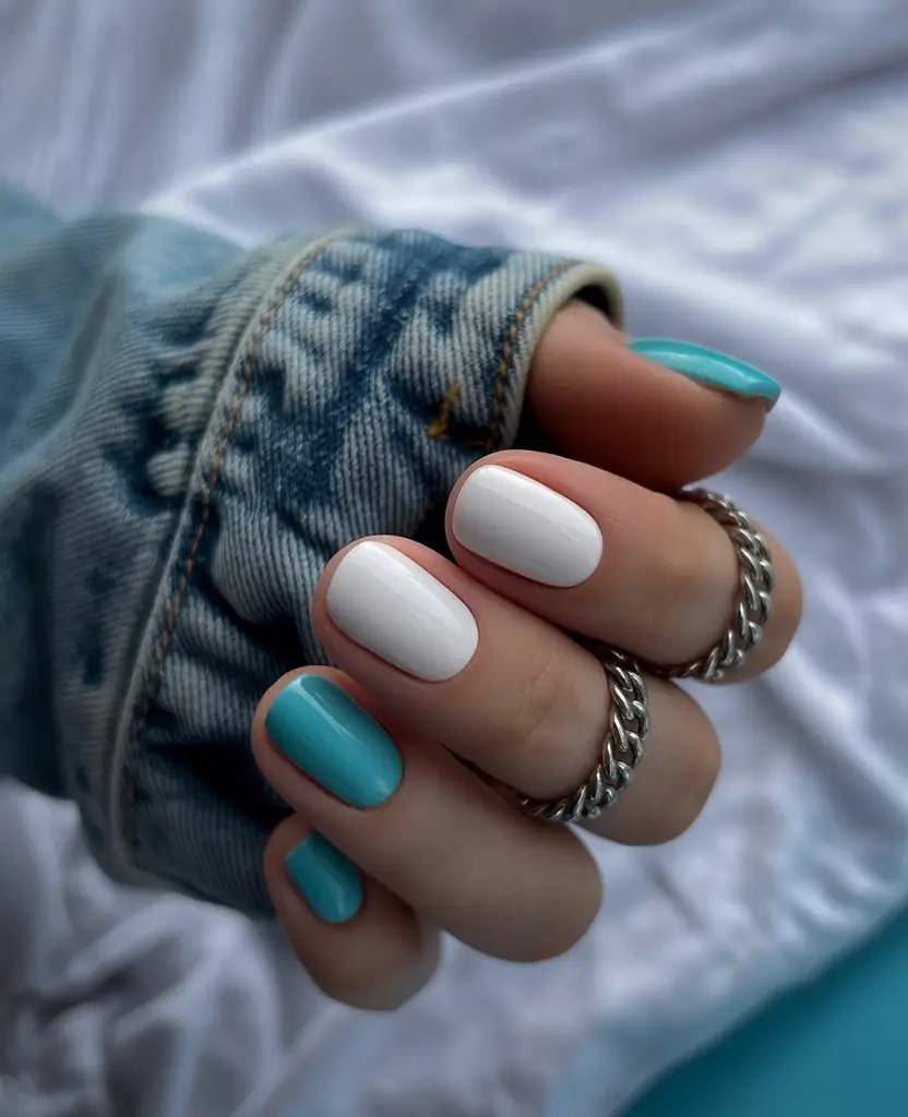 Fall nail colors for fair skin 2025 White and Teal Duo