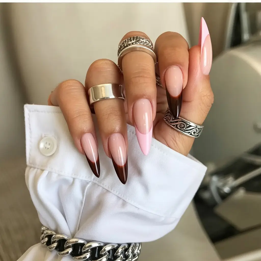 Chocolate and Pink French Fall nail colors for fair skin 2025