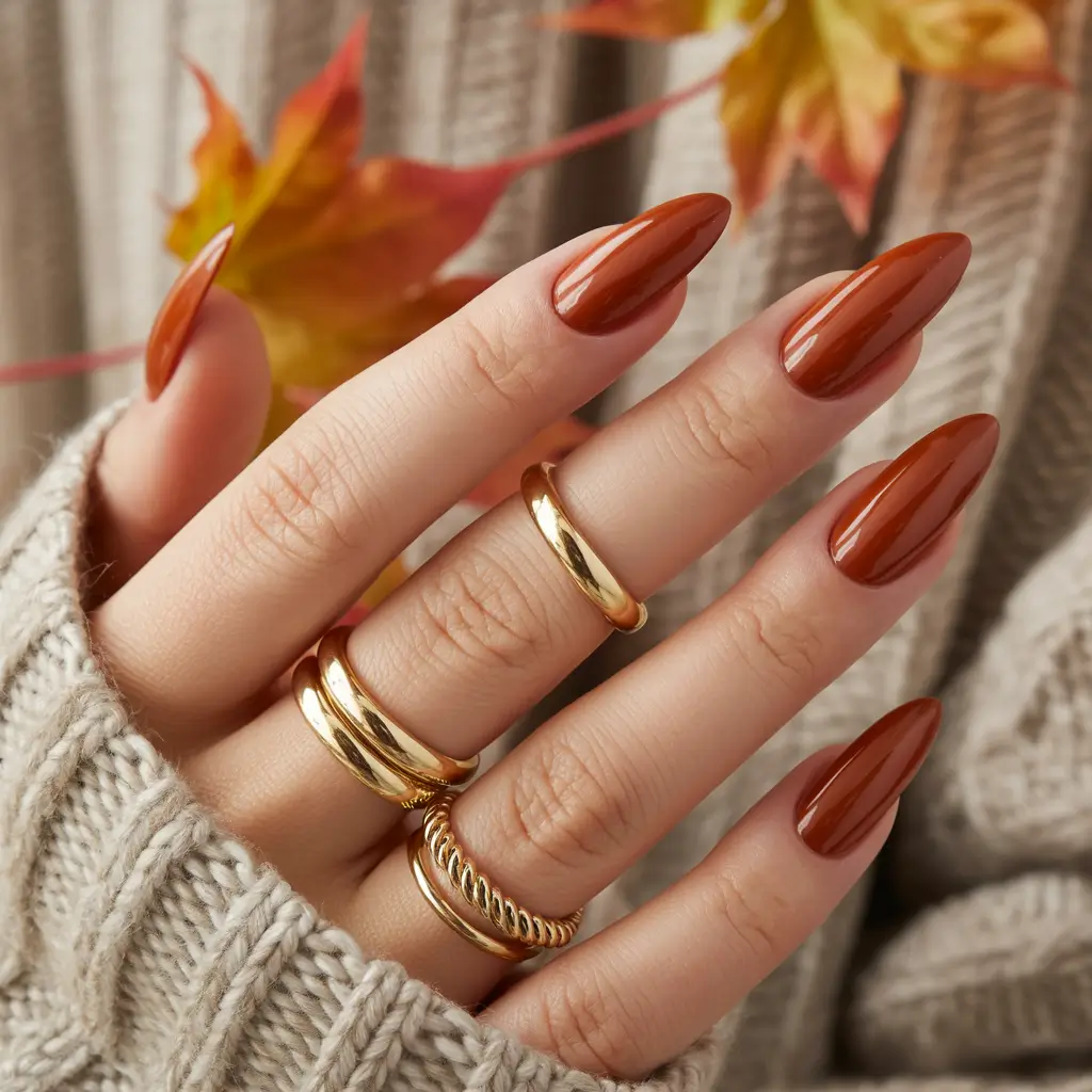 Fall nail colors for medium skin 2025 Burnt Caramel Almond Elegance