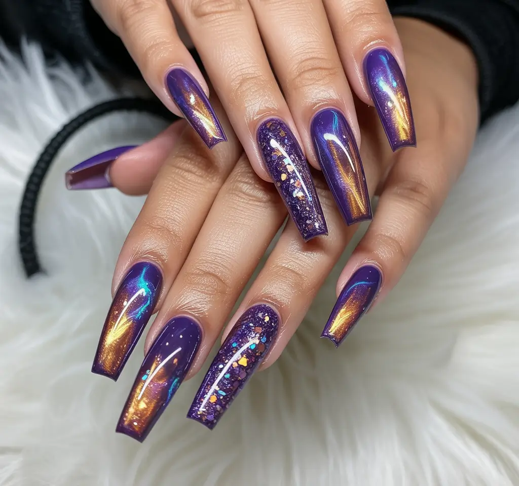 Fall nail colors for medium skin 2025 Cosmic Purple Coffin Magic
