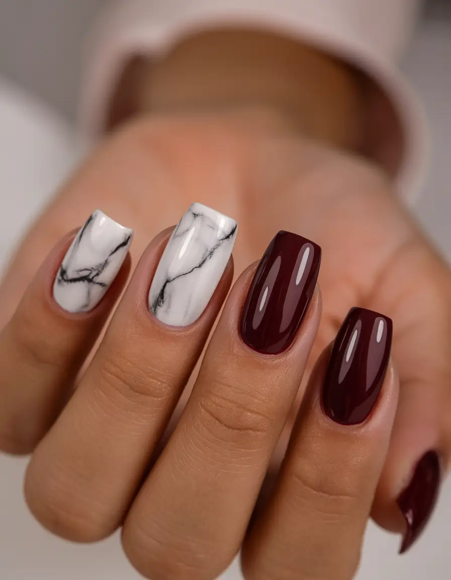 Fall nail colors for medium skin 2025 Burgundy Marble Square Blend