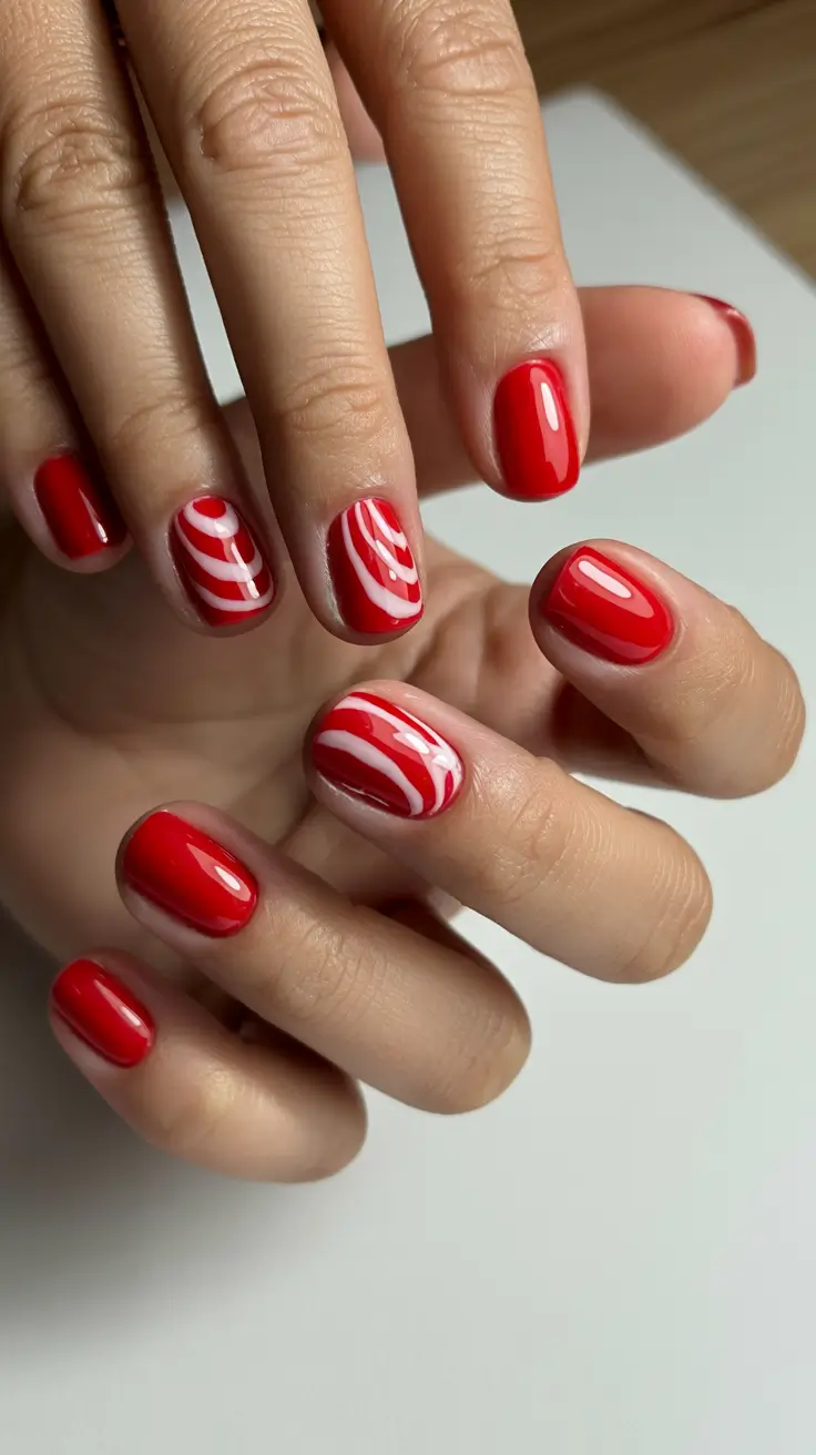 Swirled Candy Red Short Nails 2025
