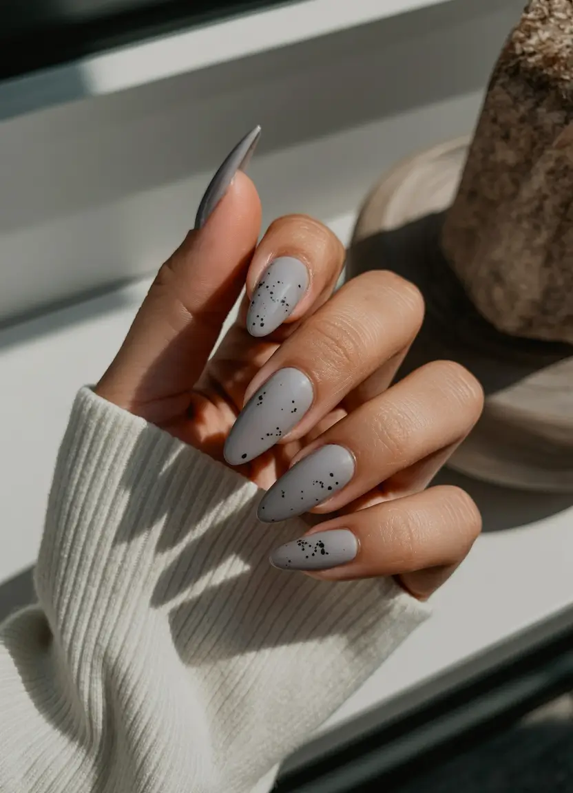 2025 Fall nail colors for medium skin Gray Almond with speckle accent