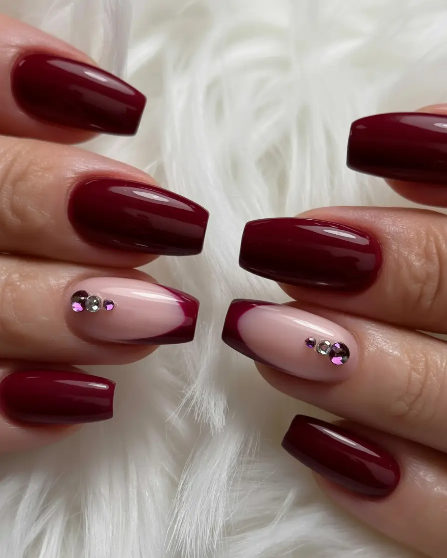 Fall nail colors for medium skin 2025 Deep Burgundy with Crystal Accents