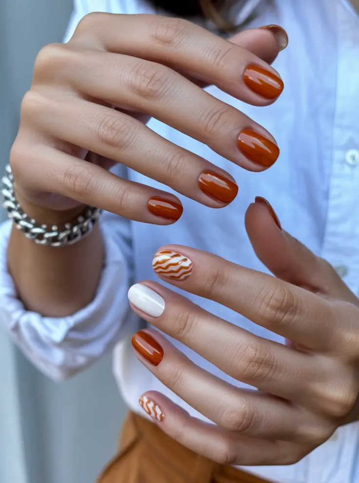 Fall nail colors for medium skin 2025 Burnt Orange with Wavy Detail