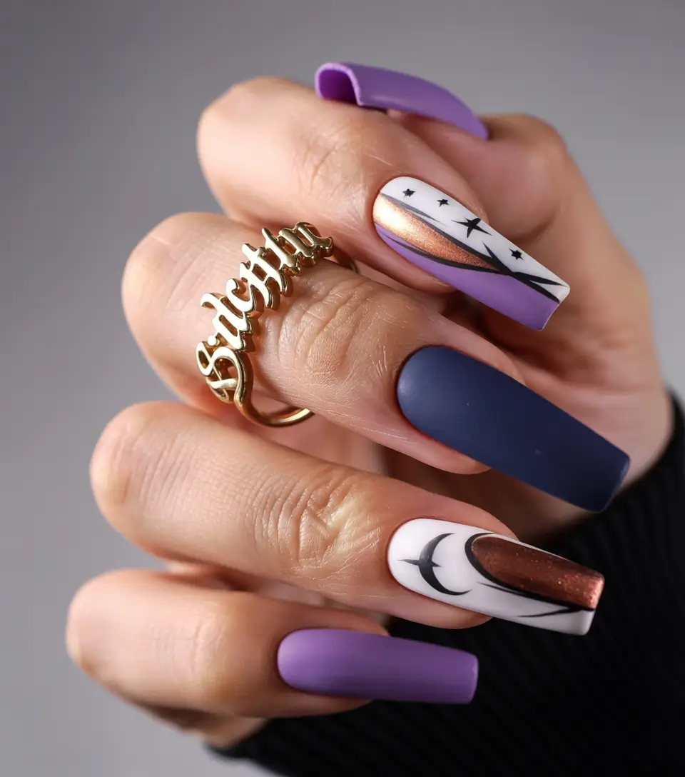 Fall nail colors for medium skin 2025 Midnight Purple and Galaxy Accents
