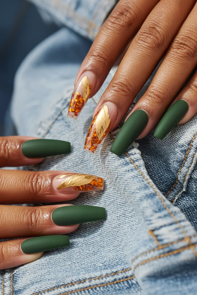 Fall nail colors for medium skin 2025 Forest Green with Golden Leaf Foil