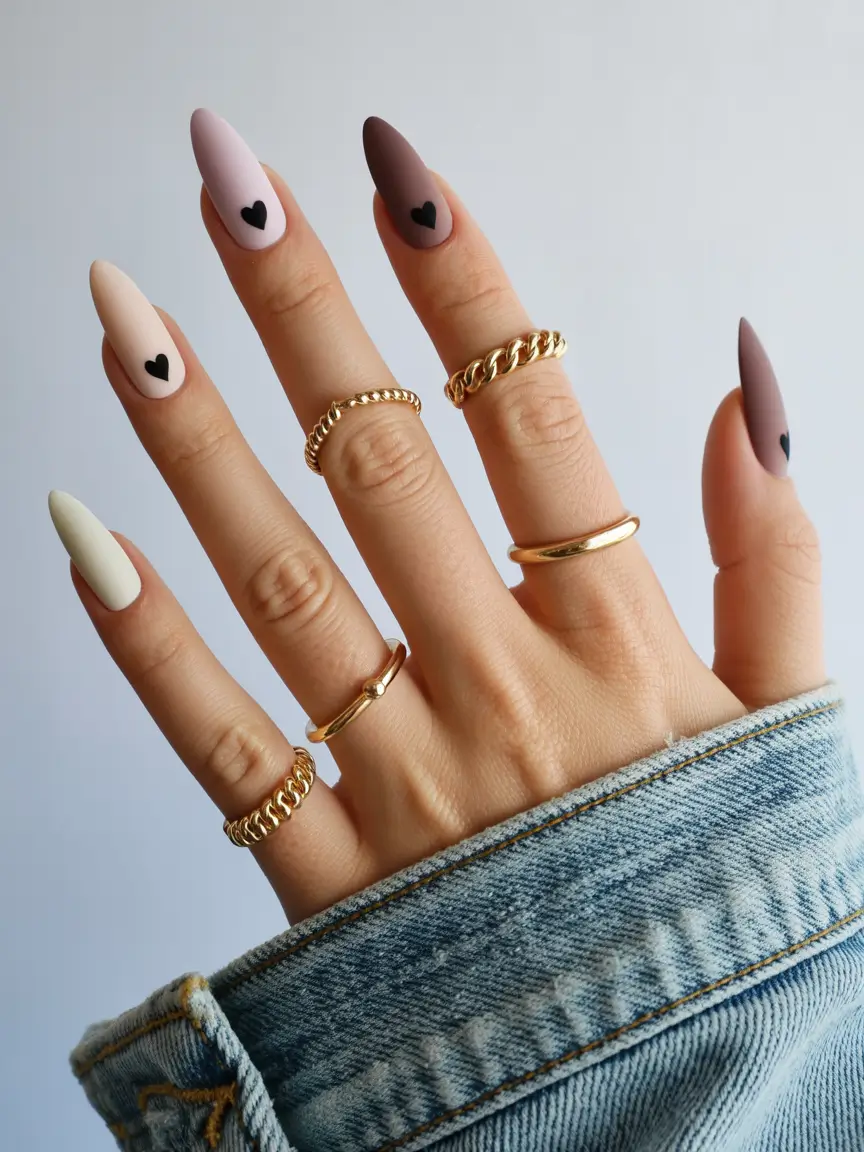 Fall nail colors for medium skin 2025 Matte Neutrals with Heart Details