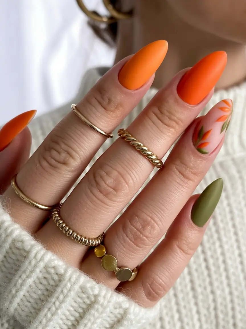 Fall nail colors for medium skin 2025 Spiced Orange and Olive Almond Mix