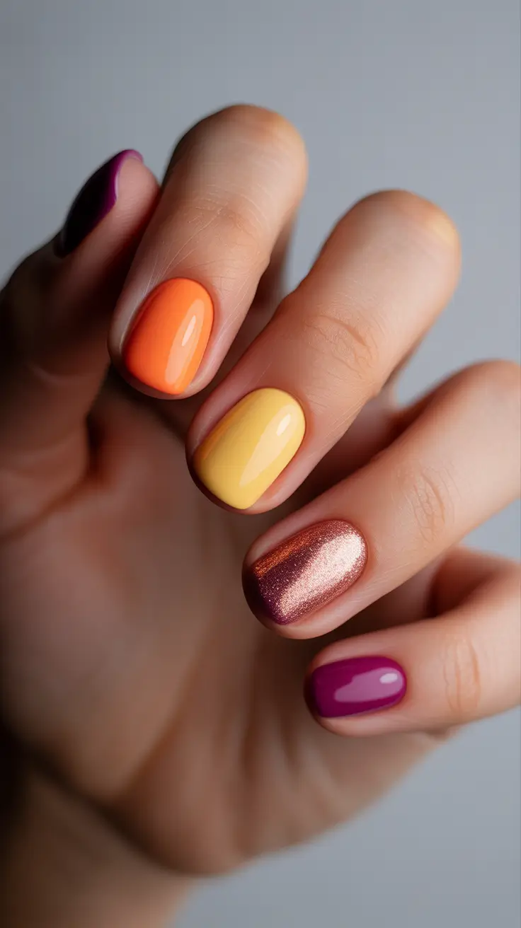 Fall Nail Design Ideas 2025 Golden Citrus Tones with a Metallic Twist