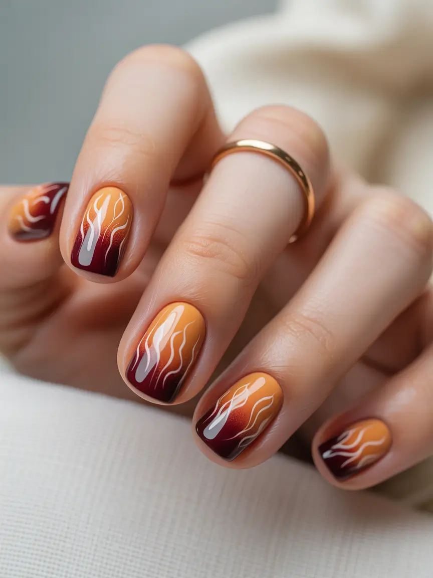 Fall Nail Design Ideas 2025 Sunset Flames in Red and Amber