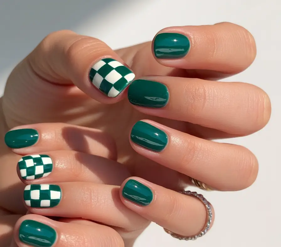 Fall Nail Design Ideas 2025 Emerald Checkerboard Play