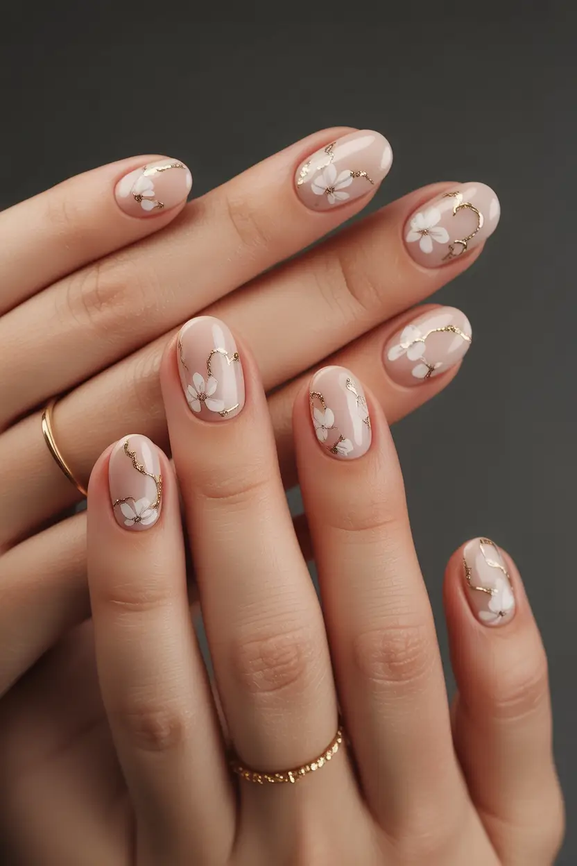 Fall Nail Design Ideas 2025 Delicate Florals with Golden Touch