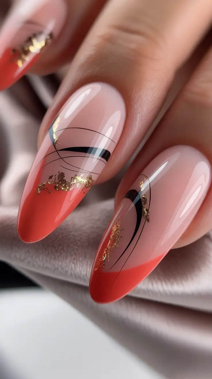 Fall Nail Design Ideas 2025 Abstract Coral with Gold Leaf