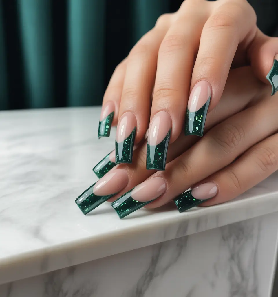 Fall Nail Design Ideas 2025 Emerald Green Glitter French