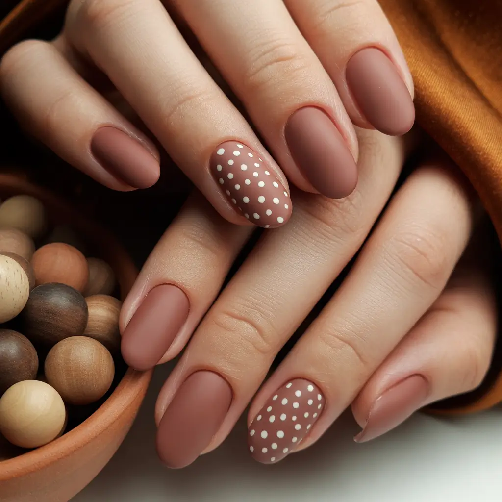 Fall Nail Design Ideas 2025 Soft Mocha with Polka Dots