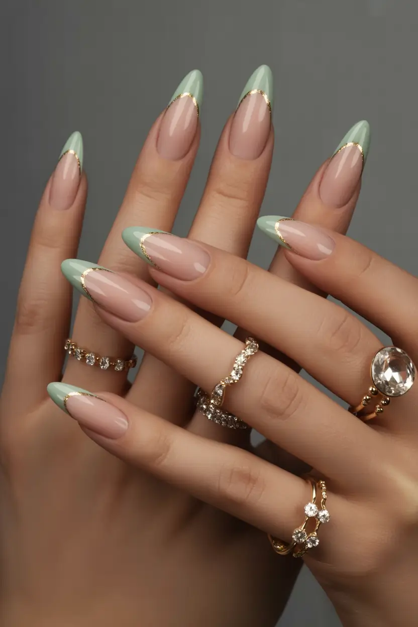 Fall Nail Design Ideas 2025 Mint French with Golden Edge