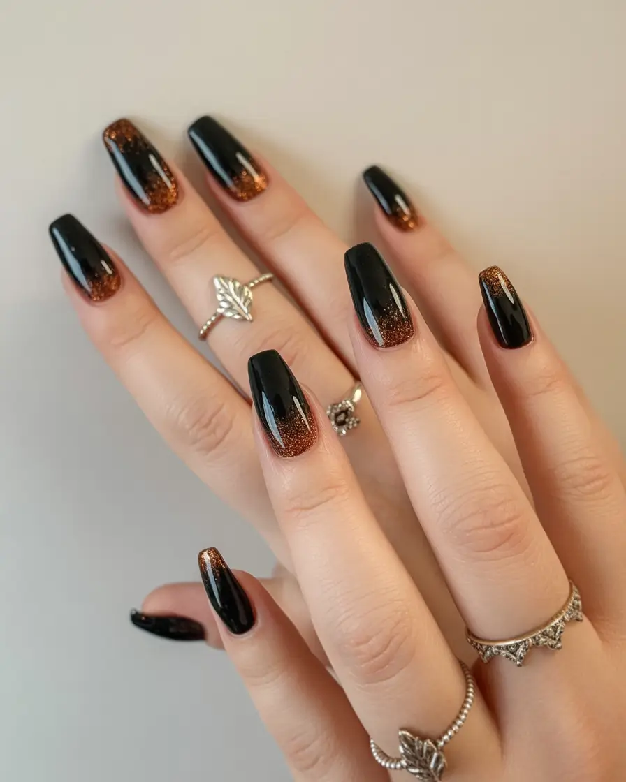 Fall Nail Design Ideas 2025 Black and Bronze Ombre