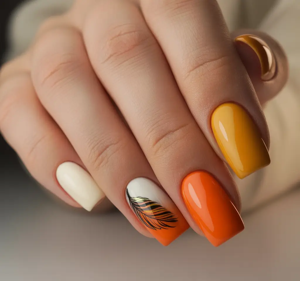 Fall Nail Design Ideas 2025 Sunset Square with Feather Accent