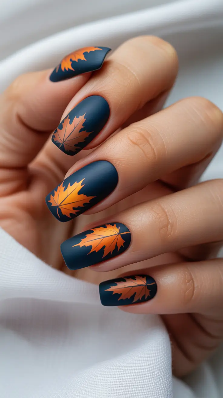 Fall Nail Design Ideas 2025 Deep Navy with Autumn Leaves