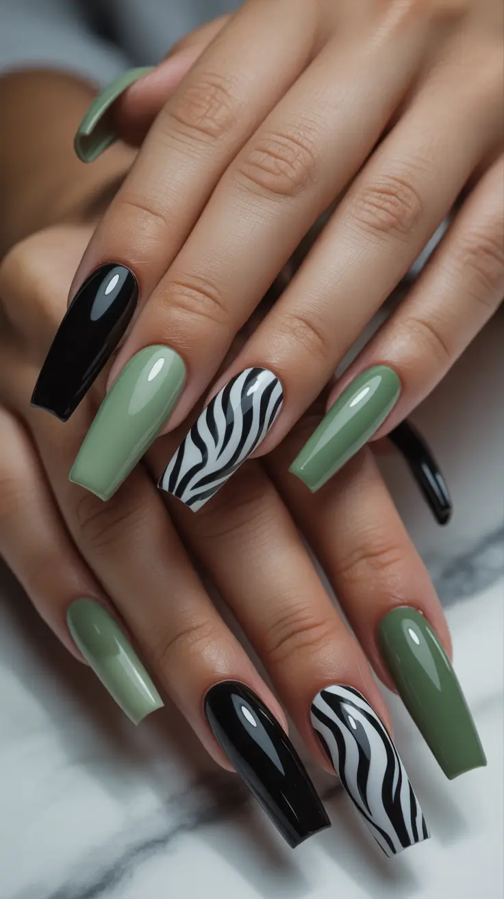 Fall Nail Design Ideas 2025 Olive Green and Zebra Stripes
