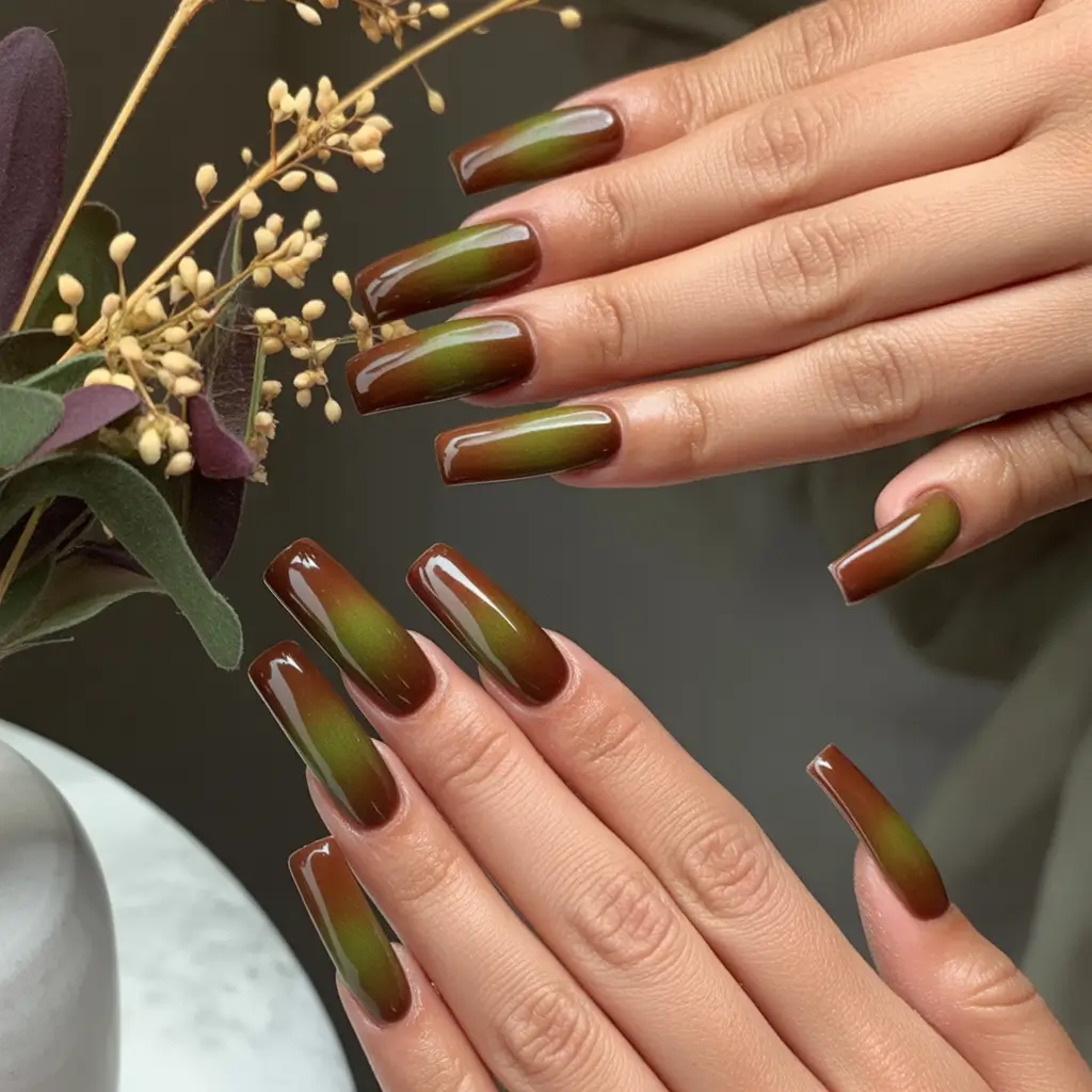 Fall Nail Design Ideas 2025 Olive to Chestnut Ombre Elegance