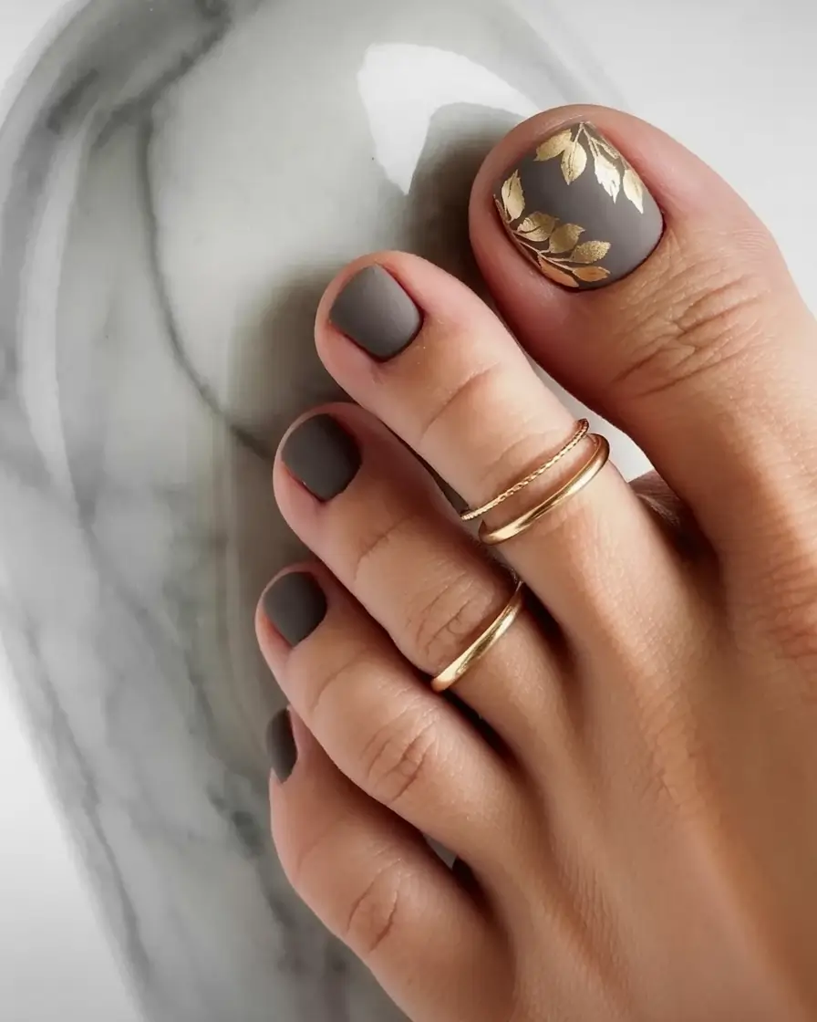 Fall Toe Nail Looks for September 2025 Matte taupe with golden leaves